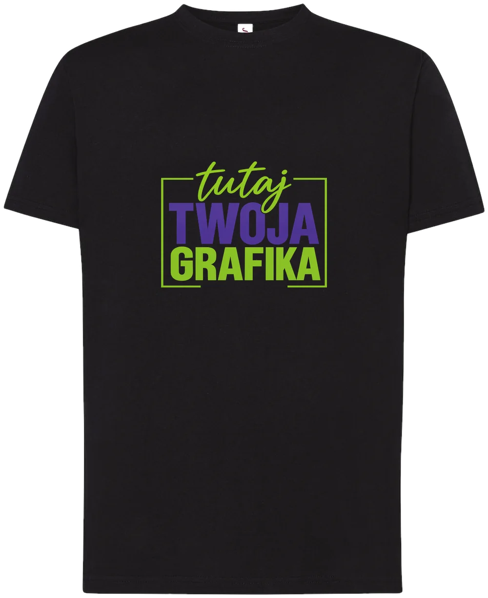 Czarna koszulka z przykładową grafiką „tutaj Twoja grafika” — wizualizacja